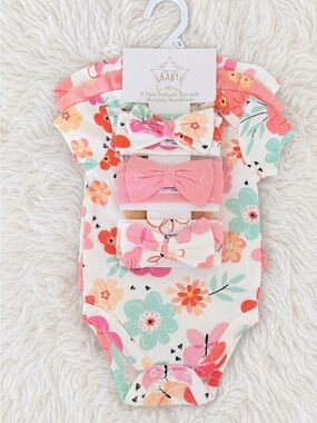 Baby Floral Bodysuit Set with Pink Headbands